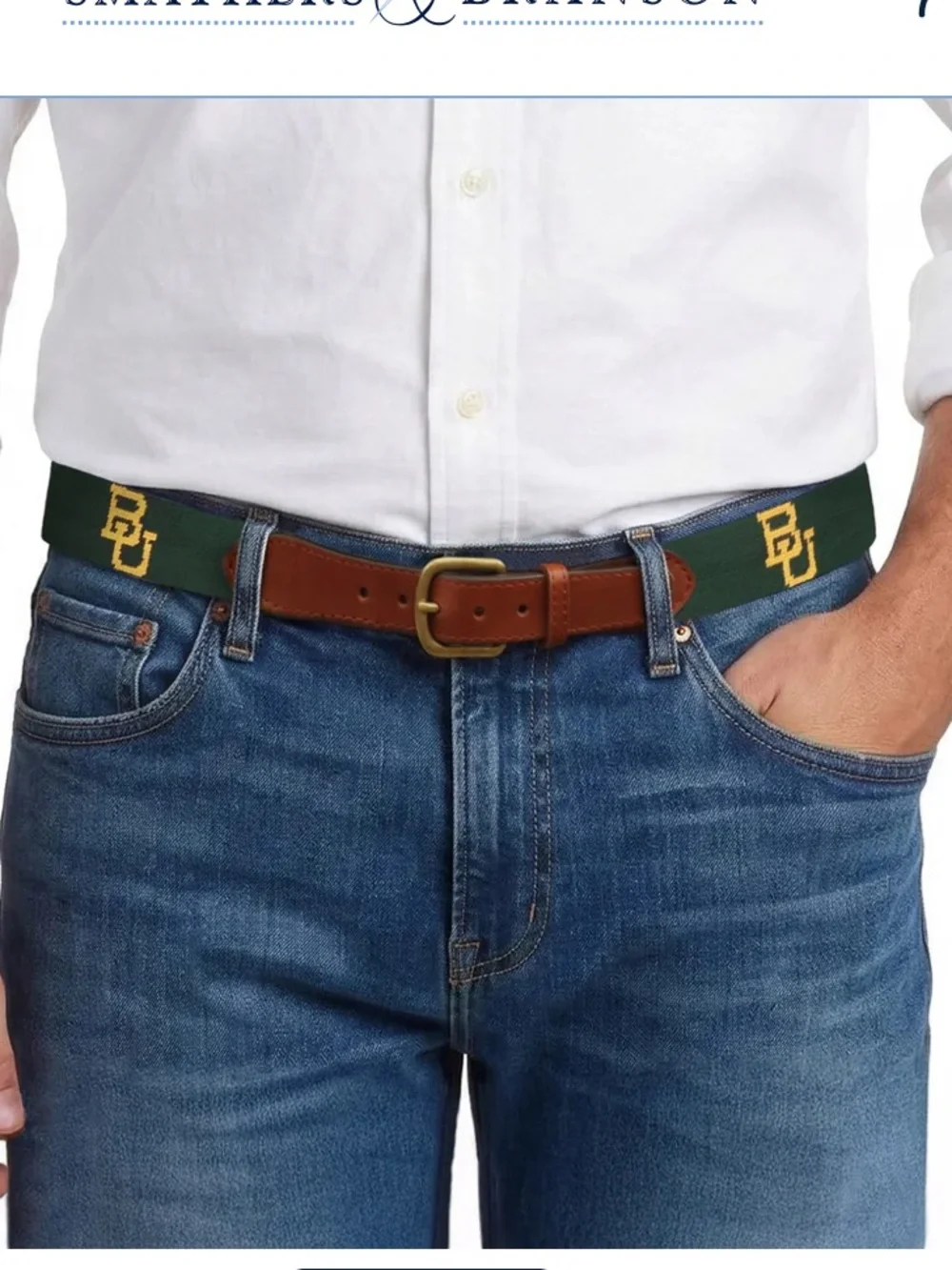 Smathers & Branson Baylor Belt Pine Leather Green-Yellow Needlepoint Sz 40 USA
